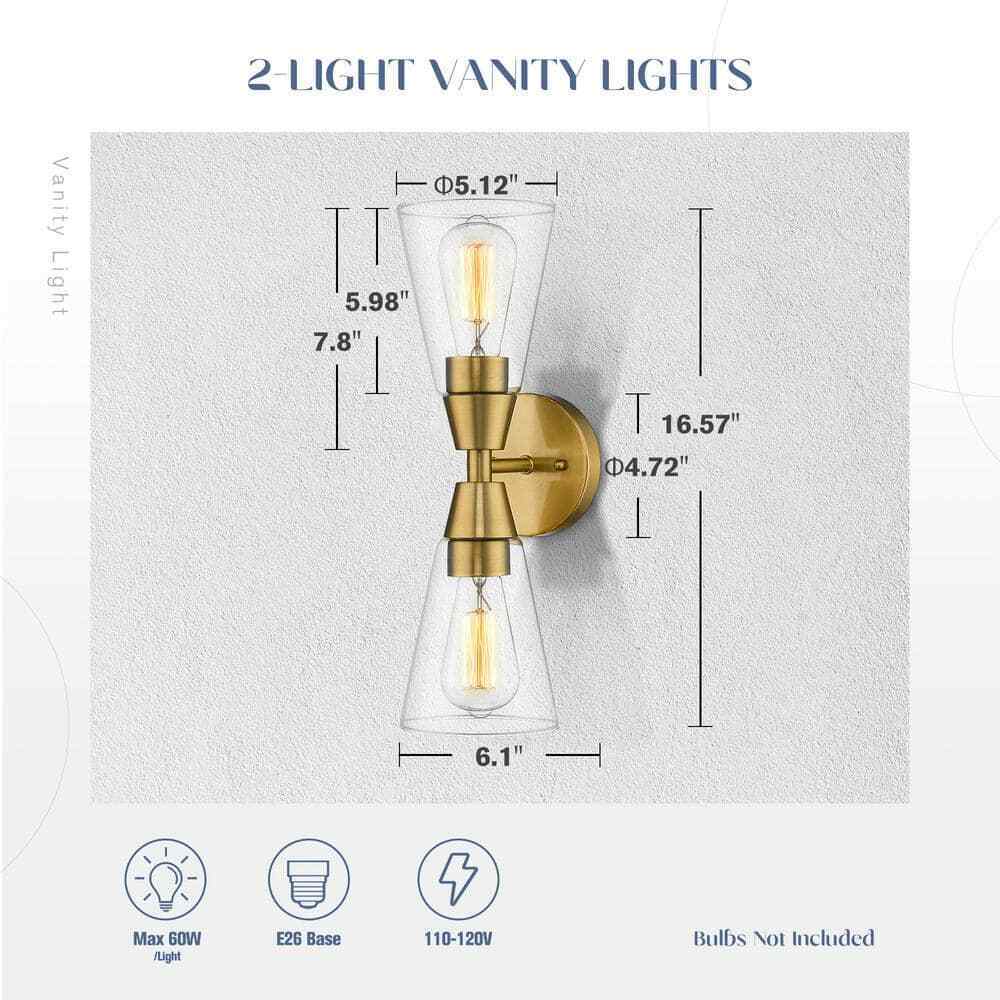 JAZAVA 16.57 in. 2 Light Gold Vanity Lights Clear Glass Indoor Wall Sconce