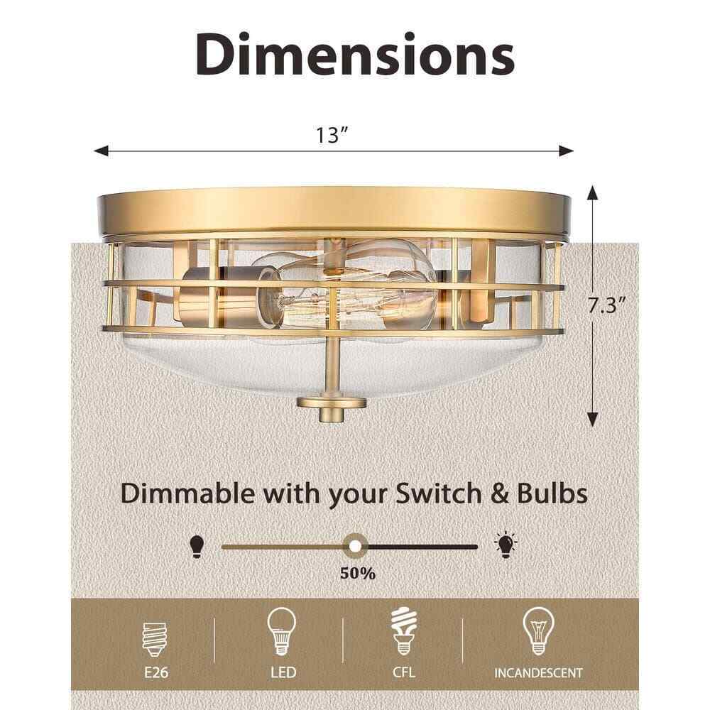 JAZAVA 13 in. 2-Light Brushed Gold Flush Mount w/ Clear Glass Shade