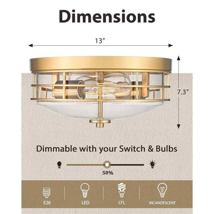 JAZAVA 13 in. 2-Light Brushed Gold Flush Mount w/ Clear Glass Shade