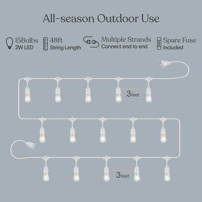 Brightech Ambience Pro White 15-Light 48 ft. LED S14  Edison Bulb String-Light