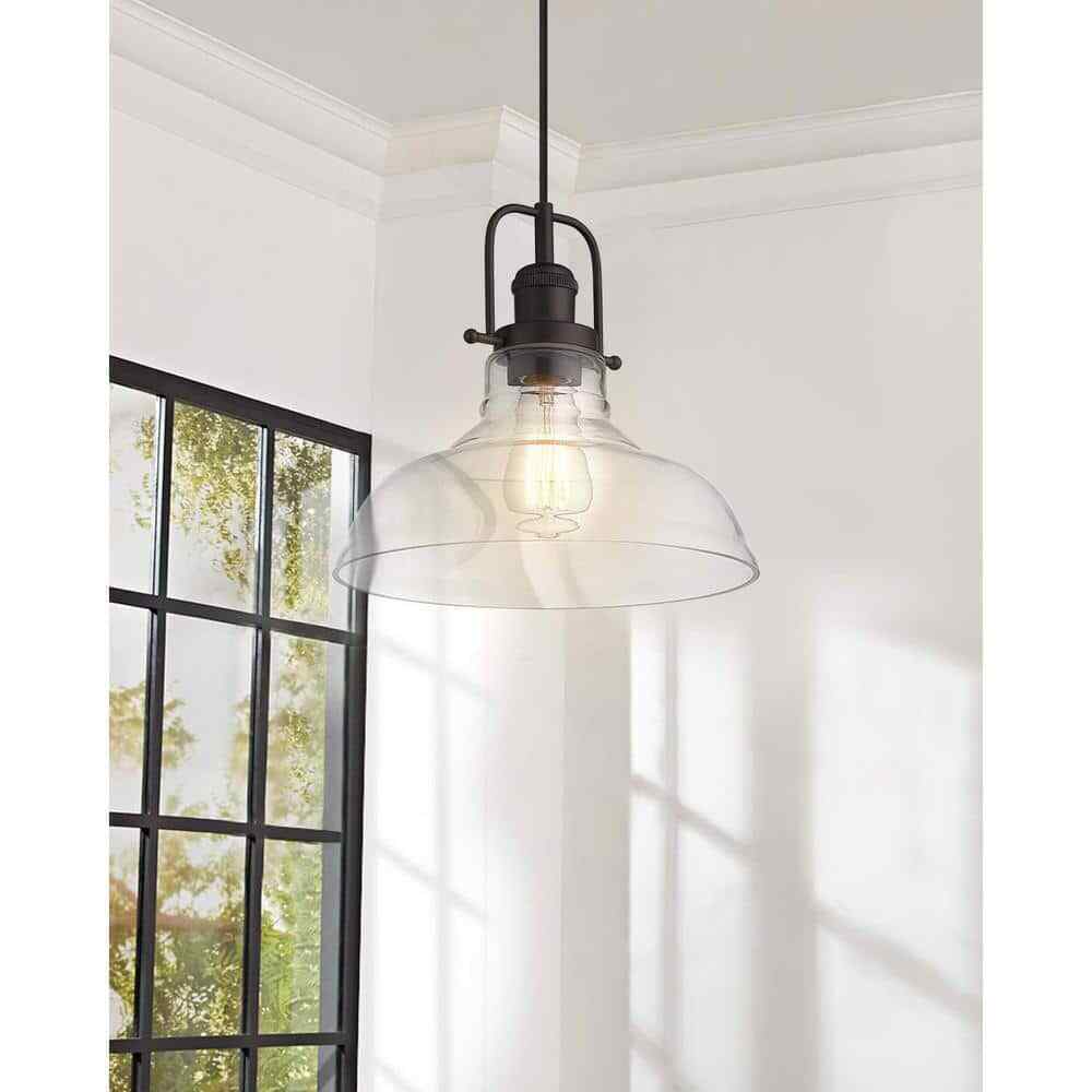 JAZAVA 1-Light Oil Rubbed Bronze Finish Farmhouse Pendant Light w/ Glass Shade