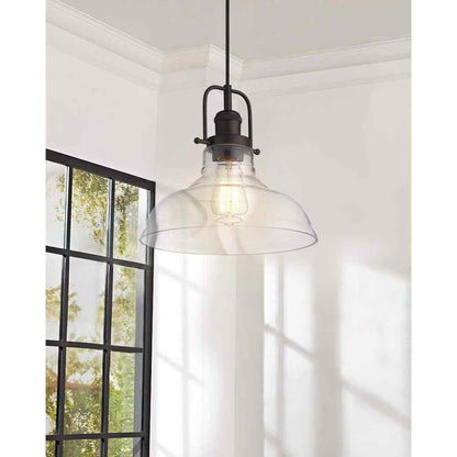 JAZAVA 1-Light Oil Rubbed Bronze Finish Farmhouse Pendant Light w/ Glass Shade