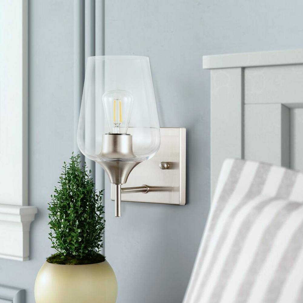 Merra 1-Light Brushed Nickel Wall Sconce Vanity Light with Glass Shade