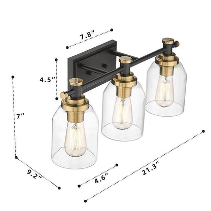 JAZAVA 21.3 in. 3 Light Black and Gold Indoor Vanity Light Wall Sconce Light
