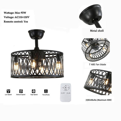 OUKANING Black Metal Caged Vintage Ceiling Fan w/ Light Kit and Remote Control