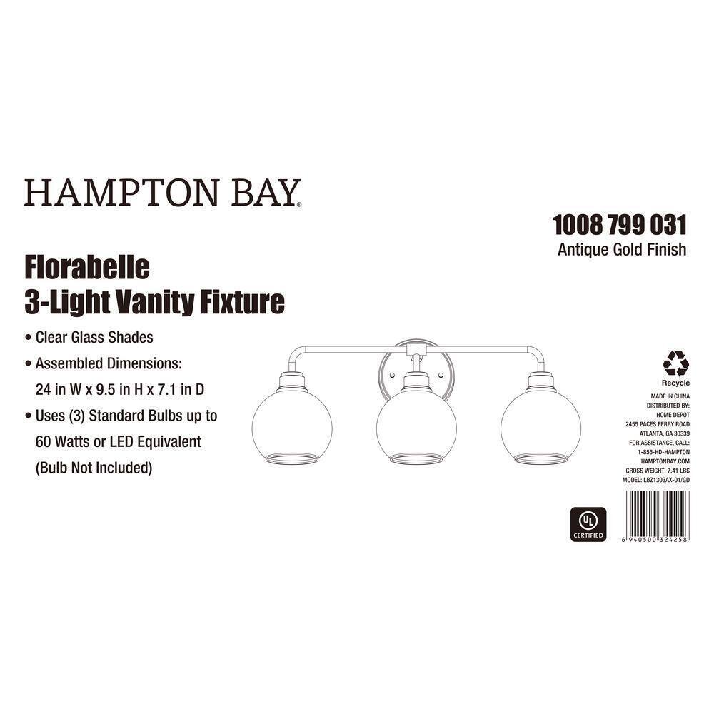 Hampton Bay Florabelle 24 in. Antique Gold Clear Globe Glass Shades