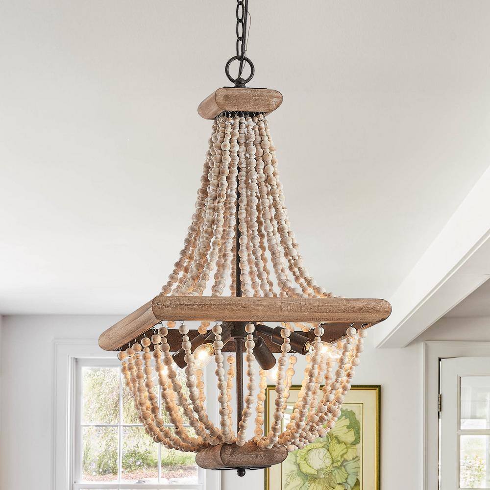 Parrot Uncle Regas 4-Light Farmhouse Weathered Wood Bead Candle Style Chandelier