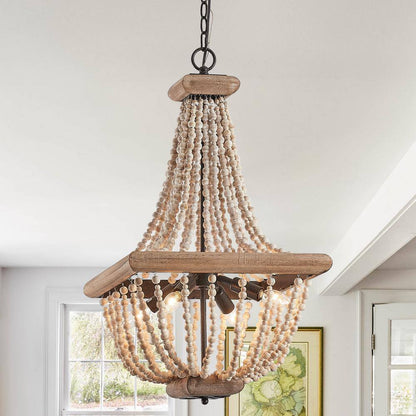 Parrot Uncle Regas 4-Light Farmhouse Weathered Wood Bead Candle Style Chandelier