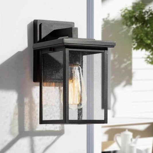 LNC Matte Black Modern Outdoor Wall Lantern Sconce with Clear Seeded Glass Shade
