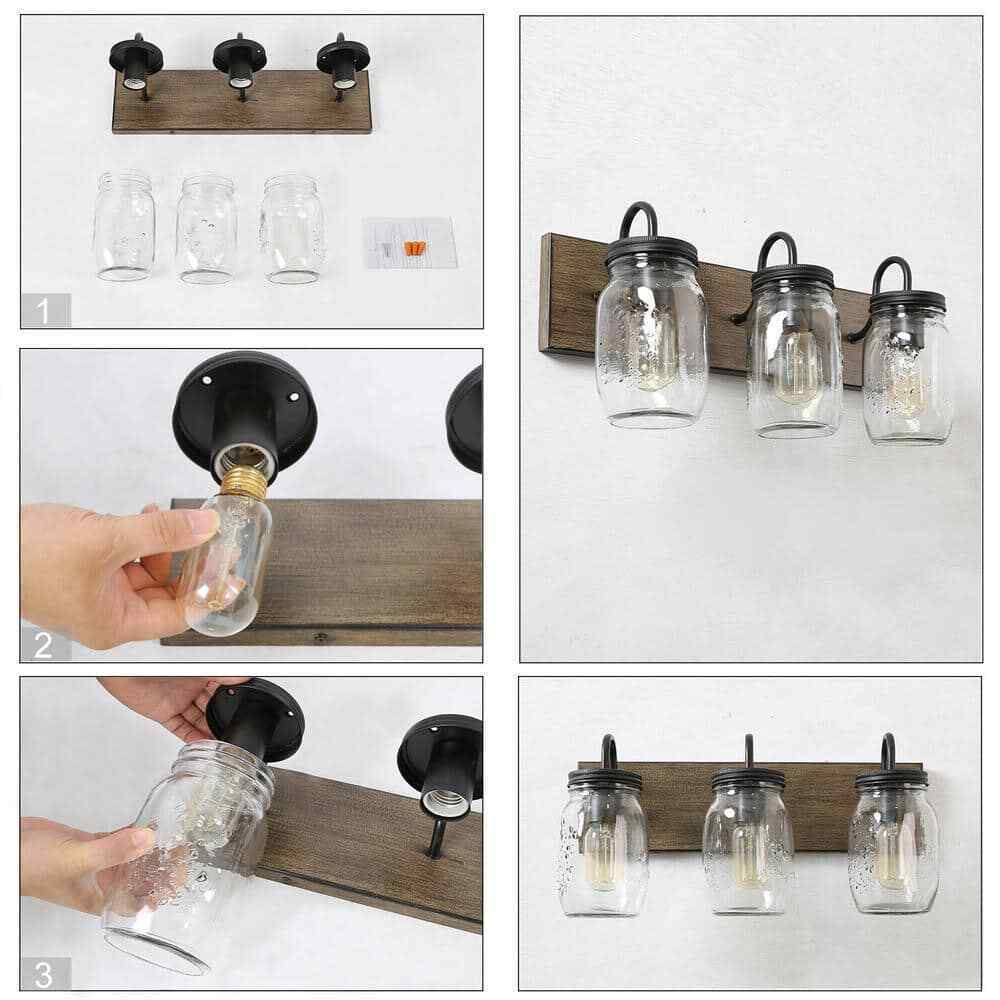 LNC Vanity Light 3-Light Black w/ Brown Faux Wood Accent Clear Mason Jar Shades