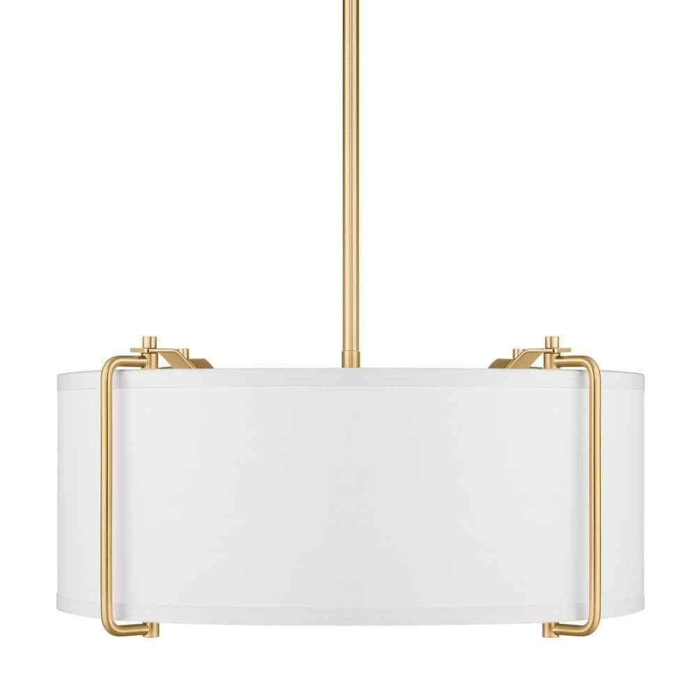 Home Decorators Brookley 4-Light Brushed Gold Pendant w/ White Fabric Shade