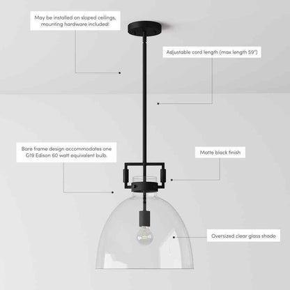 Nathan James Leigh Black Indoor Ceiling Hanging Pendant Light w/ Clear Glass
