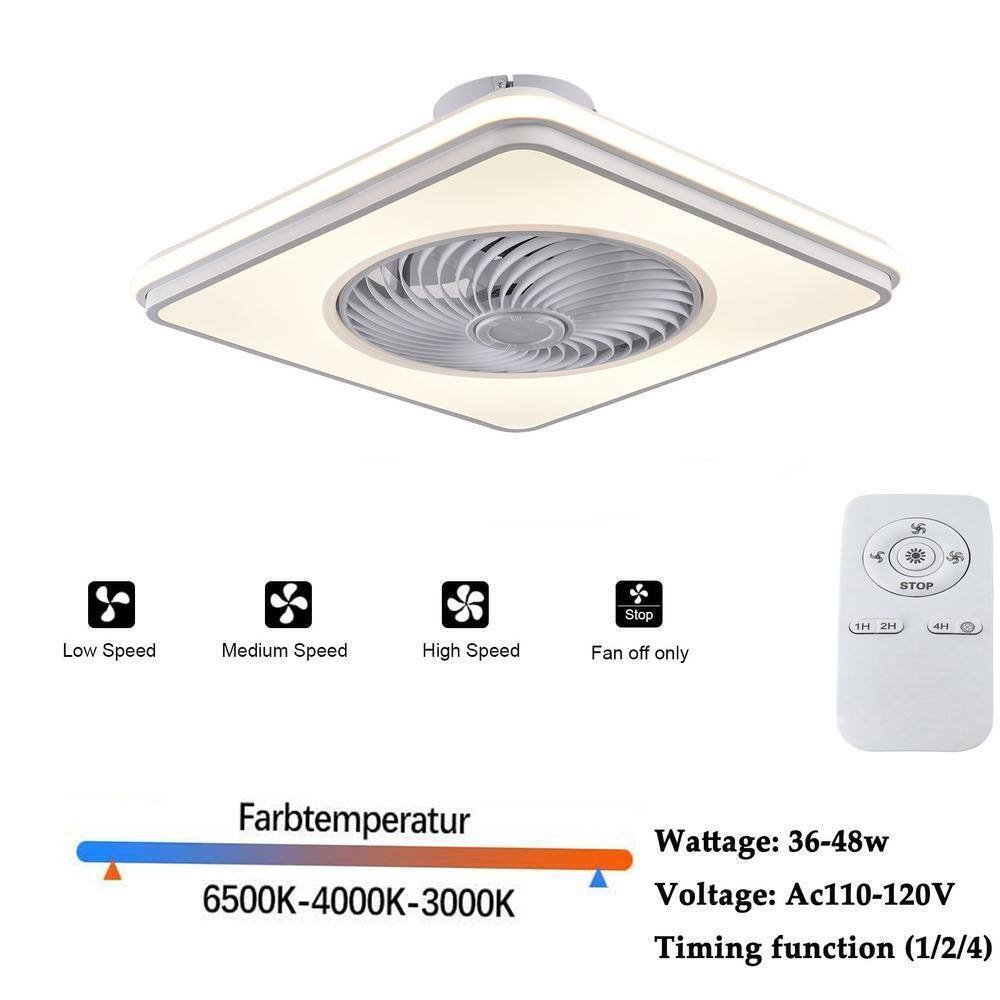 Modern White Square Shape LED Indoor Enclosed Ceiling Fan w/ Remote Control