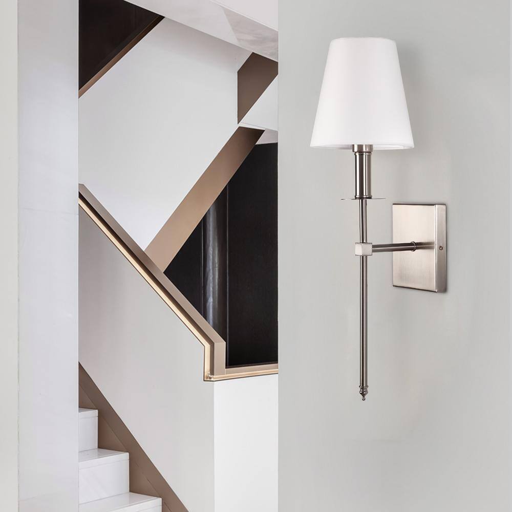 LamQee 1-Light Satin Nickel Wall Sconce with White Fabric Shade