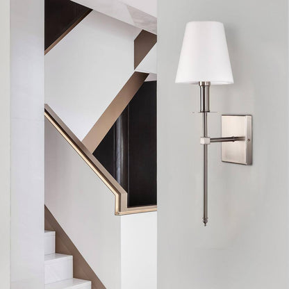 LamQee 1-Light Satin Nickel Wall Sconce with White Fabric Shade