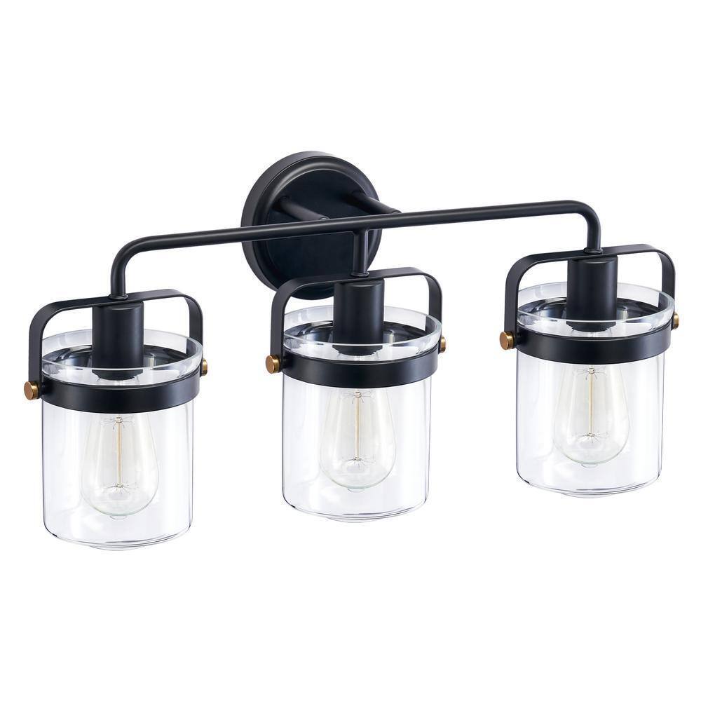 Merra 22 in. 3-Light Matte Black Vanity Light with Clear Glass Shade