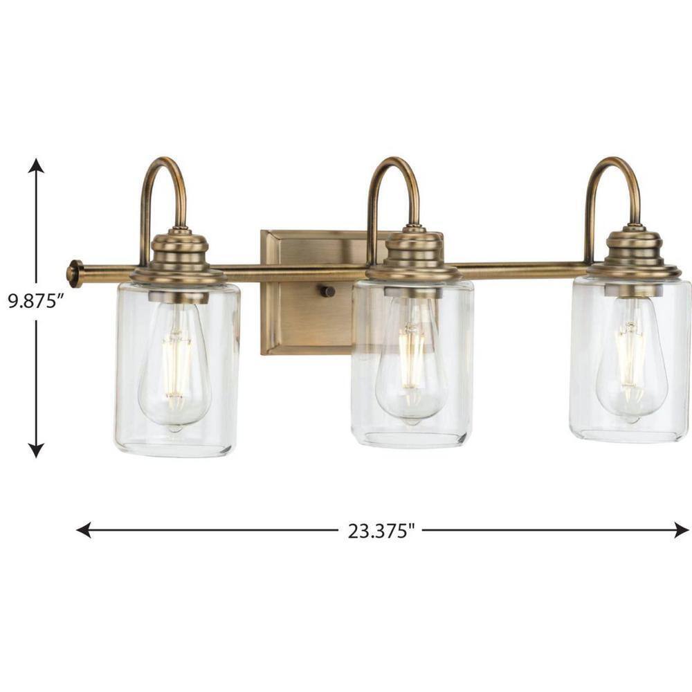 Progress Lighting Aiken 3-Light Vintage Brass Clear Glass Bath Vanity Light