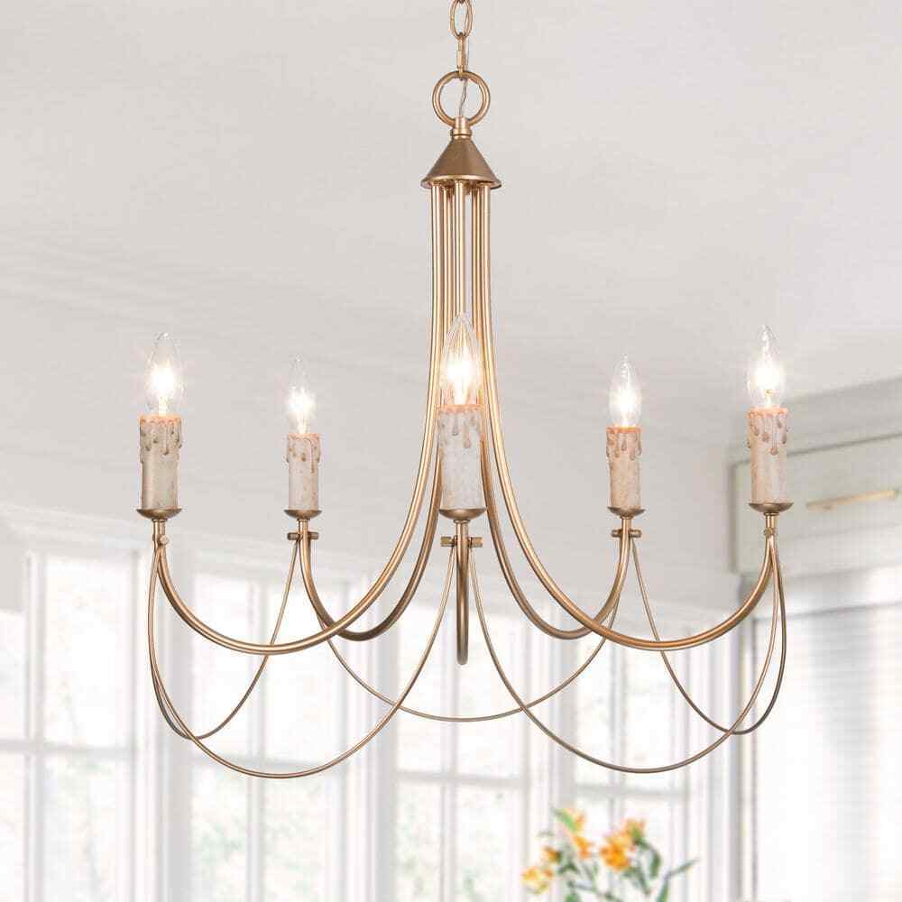LNC Modern Satin Gold Farmhouse 5-Light Chandelier Candlestick Ceiling Light