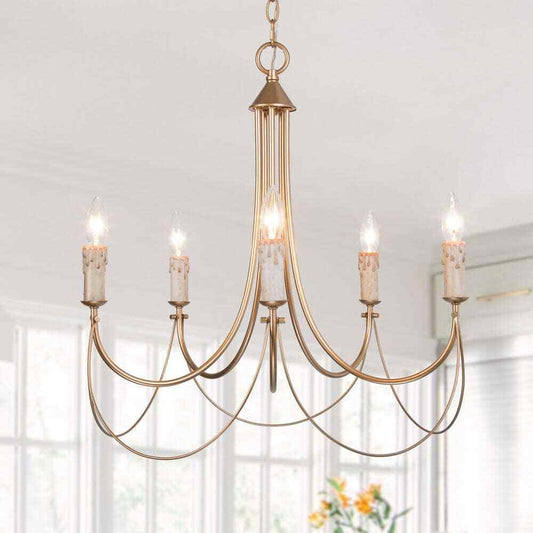 LNC Modern Satin Gold Farmhouse 5-Light Chandelier Candlestick Ceiling Light