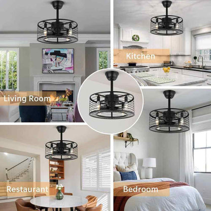 ANTOINE 17 in. Indoor Black Ceiling Fan Caged Ceiling Fan w/ Lights and Remote