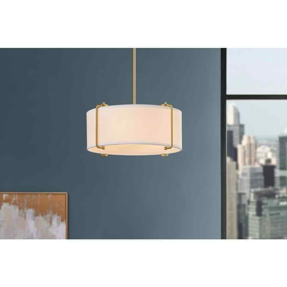 Home Decorators Brookley 4-Light Brushed Gold Pendant w/ White Fabric Shade