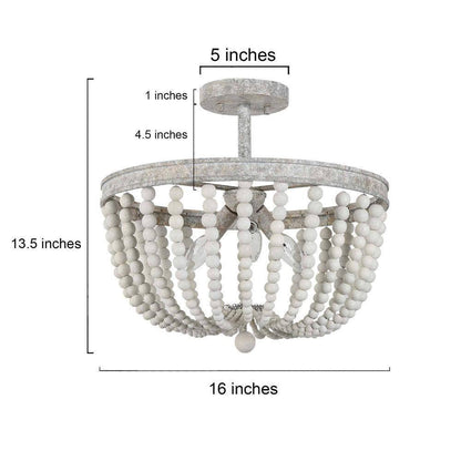LNC 16 in. Modern Farmhouse Antique White Wood Beaded Semi-Flush Mount 3-Light