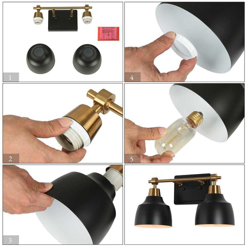 LNC Modern 14.5 in. 2-Light Black Vanity w/ Brass Plated Metal Arm + Bell Shades