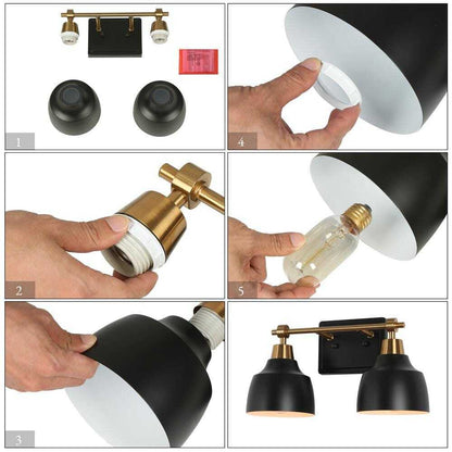 LNC Modern 14.5 in. 2-Light Black Vanity w/ Brass Plated Metal Arm + Bell Shades
