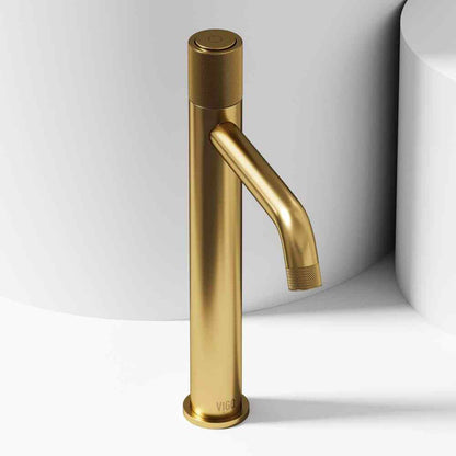 VIGO Apollo Button Operated Single-Hole Bathroom Vessel Faucet Matte Brush Gold