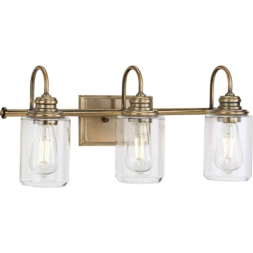 Progress Lighting Aiken 3-Light Vintage Brass Clear Glass Bath Vanity Light