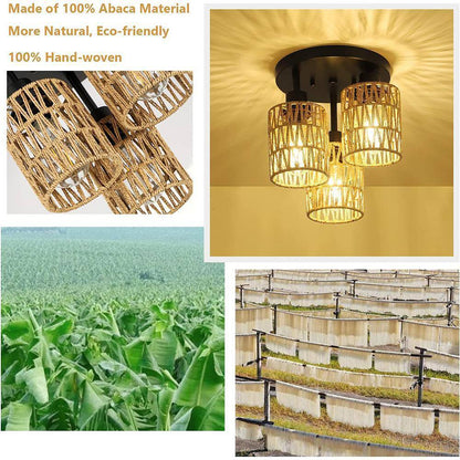 PUDO Flush Mount Boho 3-Light Brown Cage Pendant Light