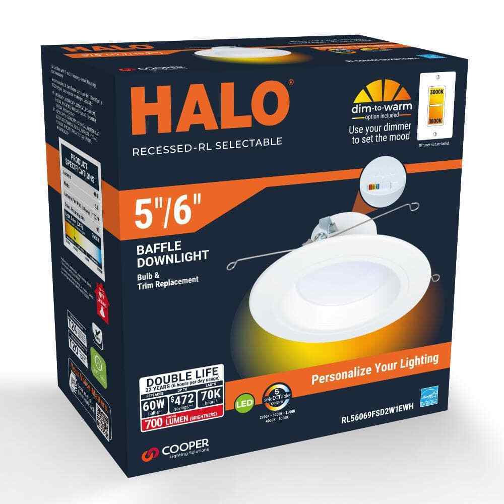 HALO RL56 Series 5/6-inch recessed LED.Selectable CCT Integrated LED Matte White