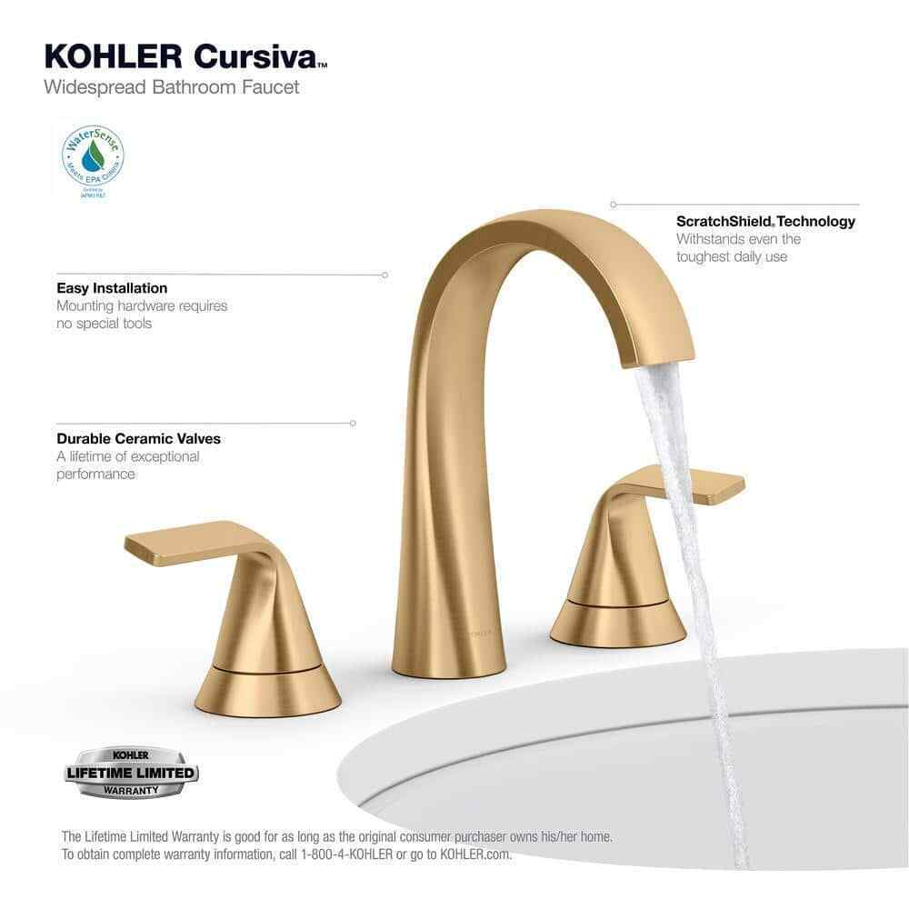 KOHLER Cursiva 8" Double Handle Bathroom Faucet in Vibrant Brushed Moderne Brass