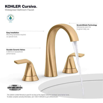 KOHLER Cursiva 8" Double Handle Bathroom Faucet in Vibrant Brushed Moderne Brass