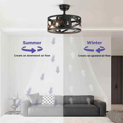 ANTOINE 17 in. Black Ceiling Fan Farmhouse Caged Ceiling Fan w/ Lights + Remote