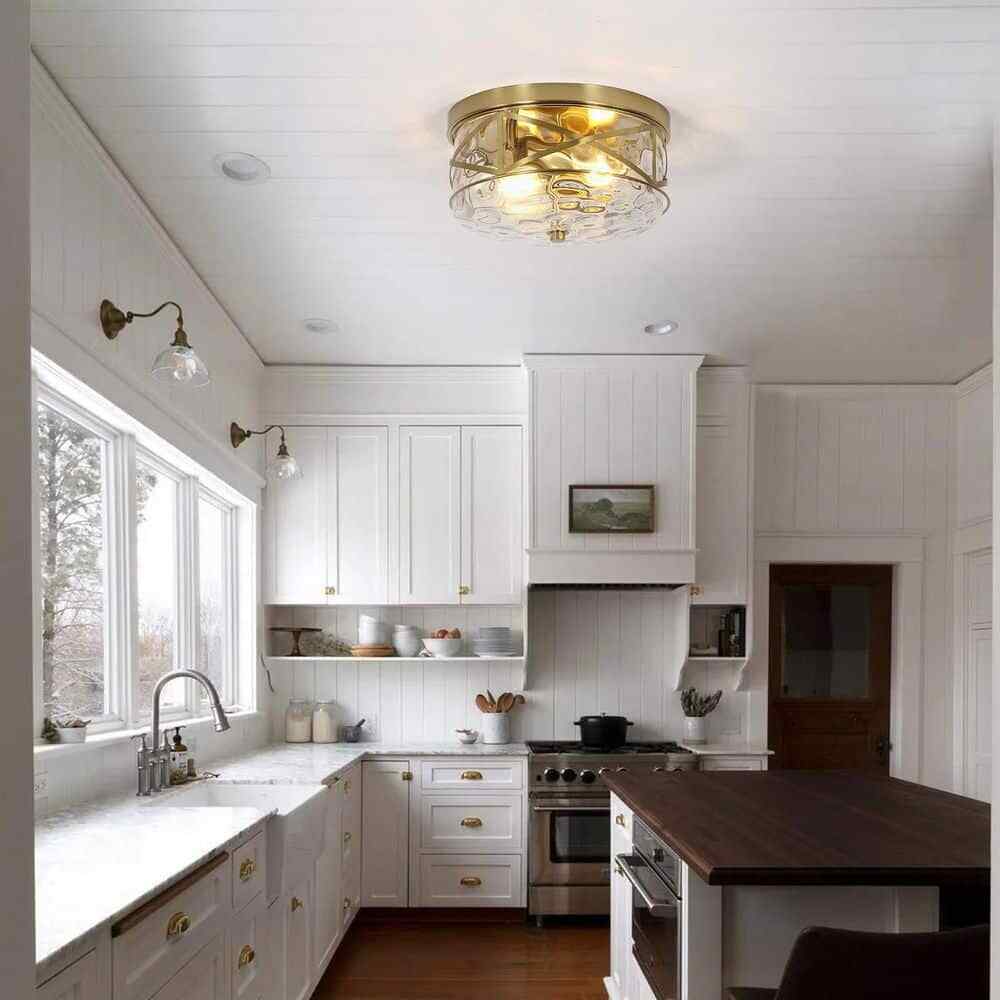 LamQee 12 in. 2-Light Brass Gold Flush Mount Water Ripple Glass Ceiling Light