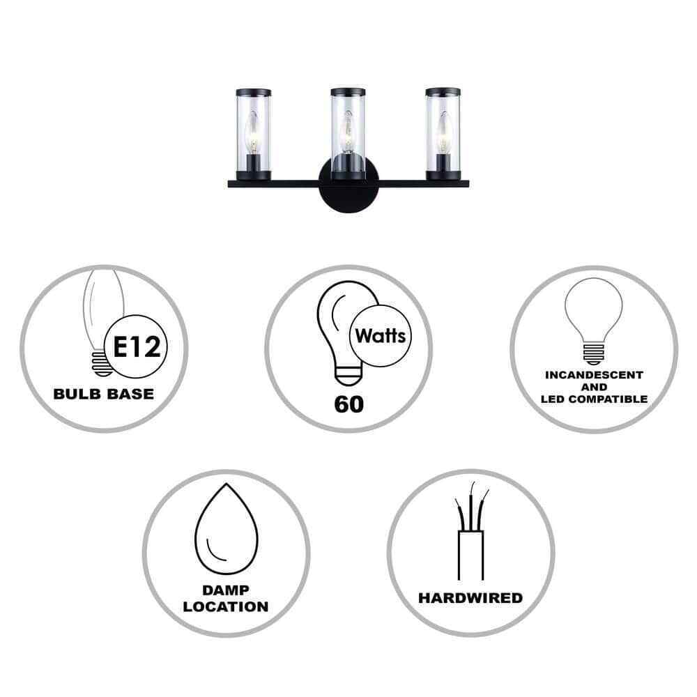 Monteaux Lighting Fillmore 16.5 in. 3-Light Black Bathroom Vanity Light Fixture