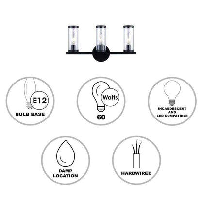 Monteaux Lighting Fillmore 16.5 in. 3-Light Black Bathroom Vanity Light Fixture