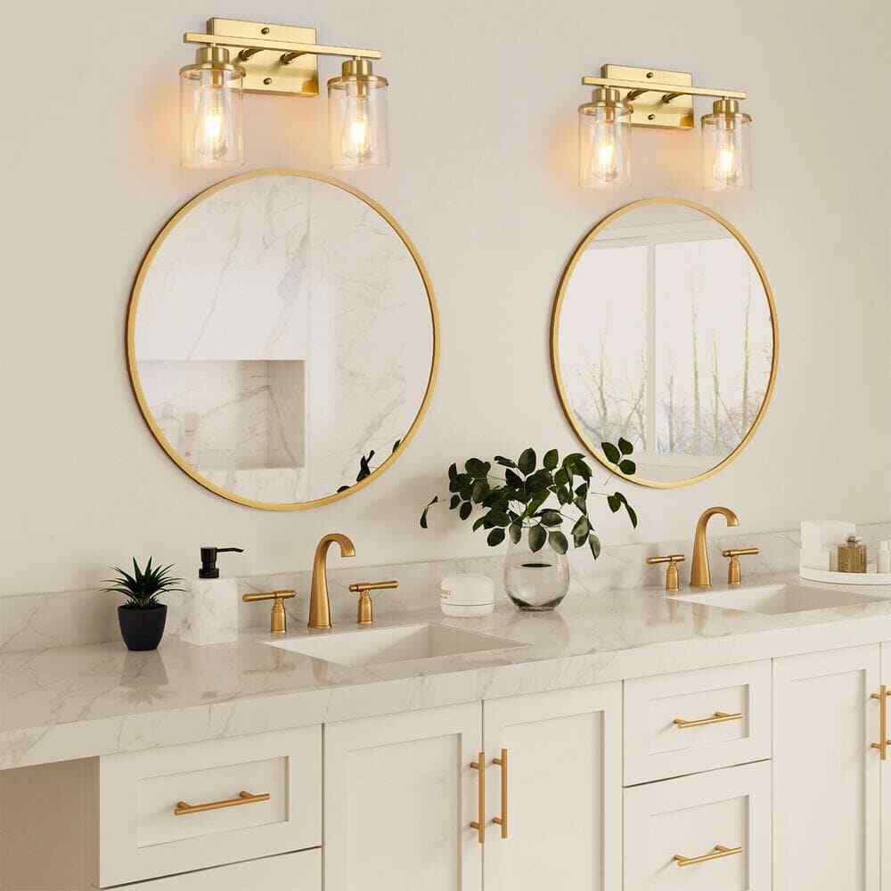 GoYeel 2 Light Gold Bathroom Vanity Light w/ Cylinder Glass Shade