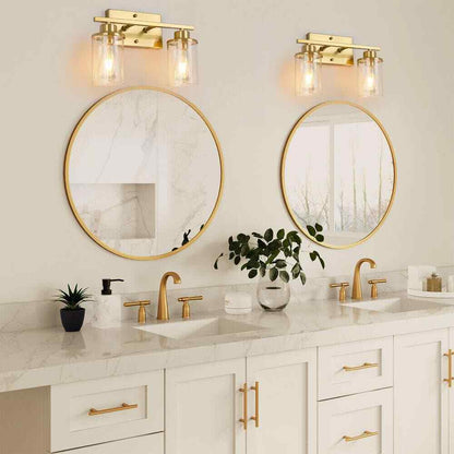 GoYeel 2 Light Gold Bathroom Vanity Light w/ Cylinder Glass Shade