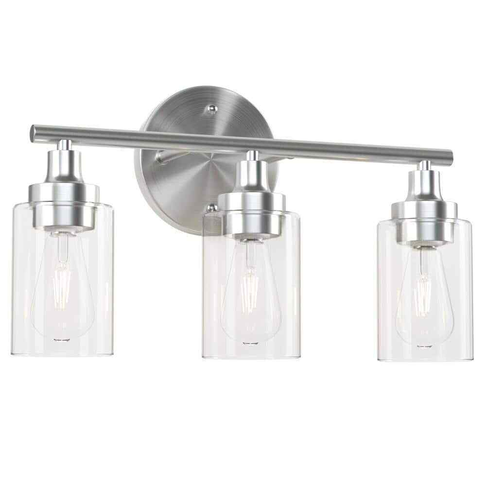 Merra 17 in. 3-Light Modern Brushed Nickel Vanity-Light with Clear Glass Shade