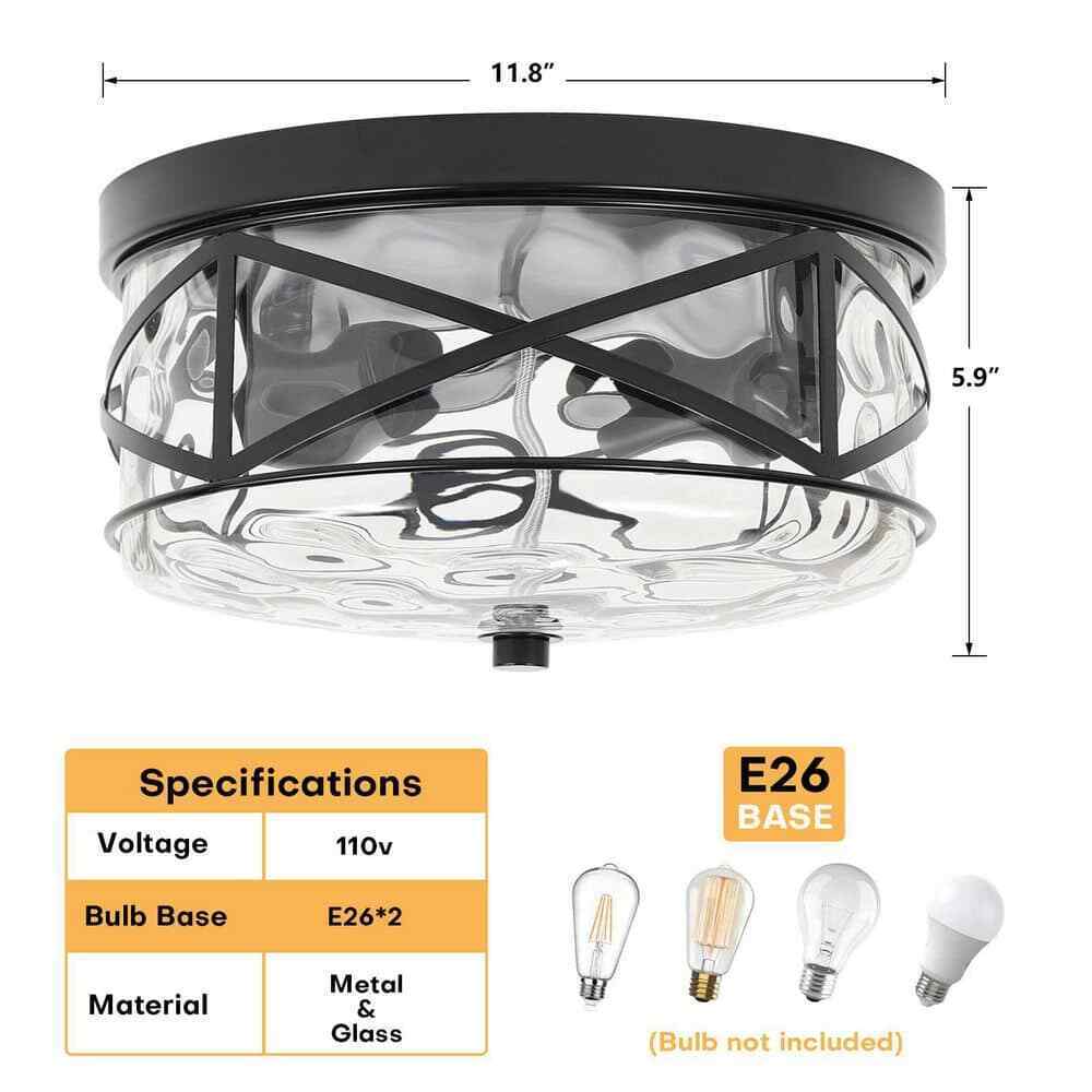 LamQee 12 in. 2-Light Black Flush Mount Water Ripple Glass Ceiling Light