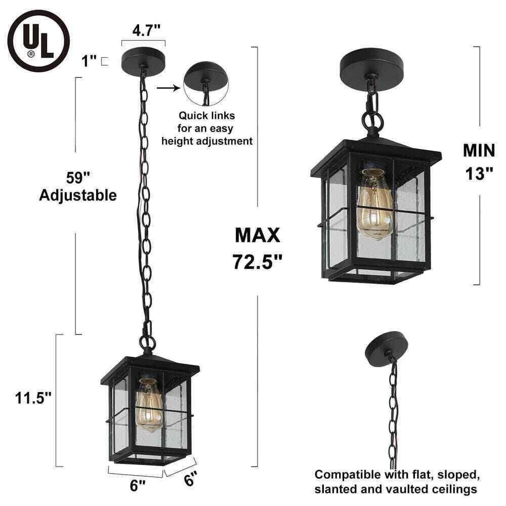 LNC Black Outdoor Hanging Lantern w/ Seeded Glass Shade for Covered Patio