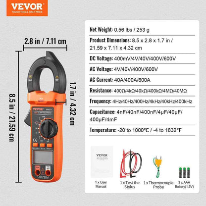 VEVOR 600 Amp Digital Clamp Meter DC/AC Multimeter True RMS Auto Ranging