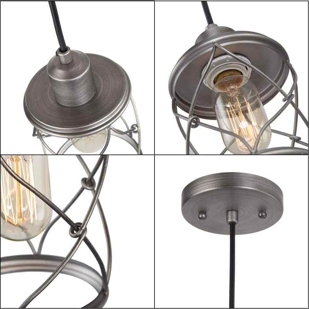 LNC Modern Farmhouse Gray Mini Pendant Light w/ Dark Pewter Drum Metal Wire Cage