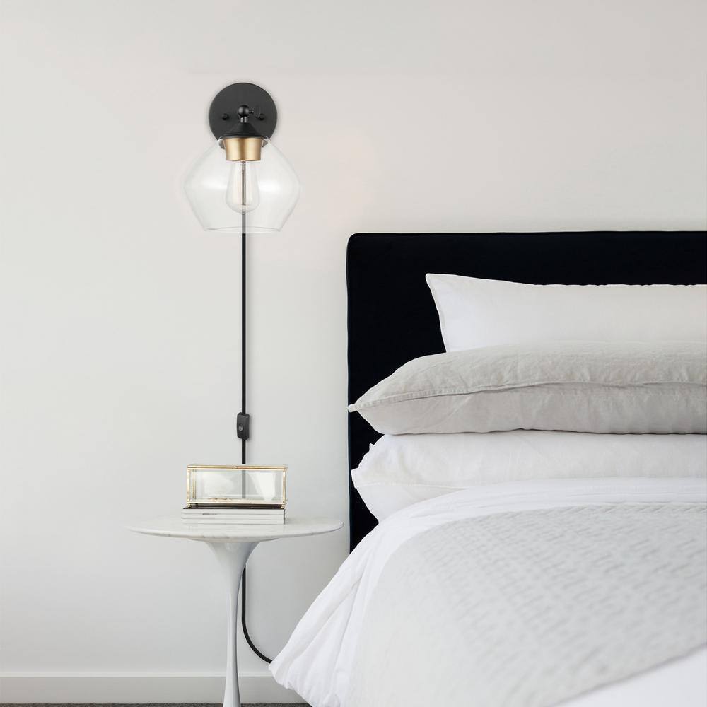Globe Electric Matte Black and Gold Plug-In or Hardwire Wall Sconce w/ 6 ft Cord