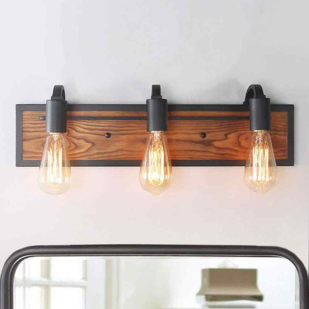 LNC Rustic Bathroom Vanity Light Wayner 3-Light Matte Black Wood Vanity Light