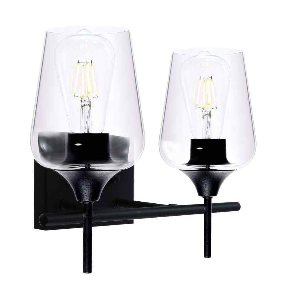 Merra 2-Light Matt Black Vanity Light Bathroom with Clear Glass Shades