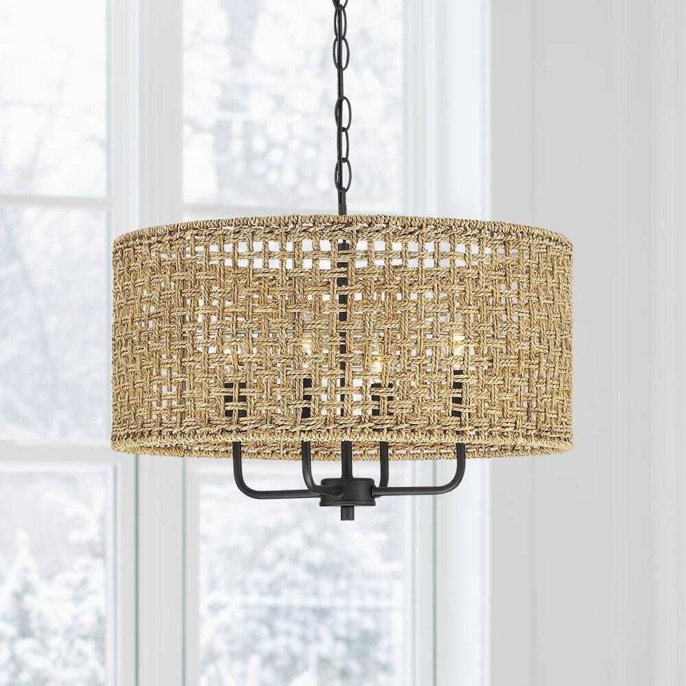 TRUE FINE Cape 20 in. 4-Light Bohemian Drum Chandelier w/ Lime Hand Woven Shade