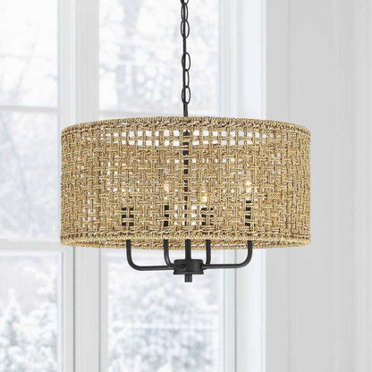 TRUE FINE Cape 20 in. 4-Light Bohemian Drum Chandelier w/ Lime Hand Woven Shade